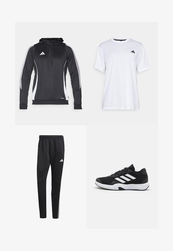 Čierna športová mikina s bielymi bočnými akcentmi, so zipsovým golierom, dlhými rukávmi a logom Adidas na hrudi. Vyrobená z ľahkej tkaniny.; Biely športový tričko s krátkymi rukávmi, vyrobené z materiálu, ktorý odvádza vlhkosť. Má čierne logo na ľavej hrudi a vzorovaný vnútorný golier.; Čierne športové nohavice s elastickým pásom, bielymi bočnými pruhmi a malým bielym logom na stehne. Vyrobené z hladkého, ľahkého materiálu.; Čierne športové topánky s textúrovaným sieťovinovým zvrškom, bielymi akcentovými pruhmi, polstrovanou podrážkou a spevneným pätou pre podporu.