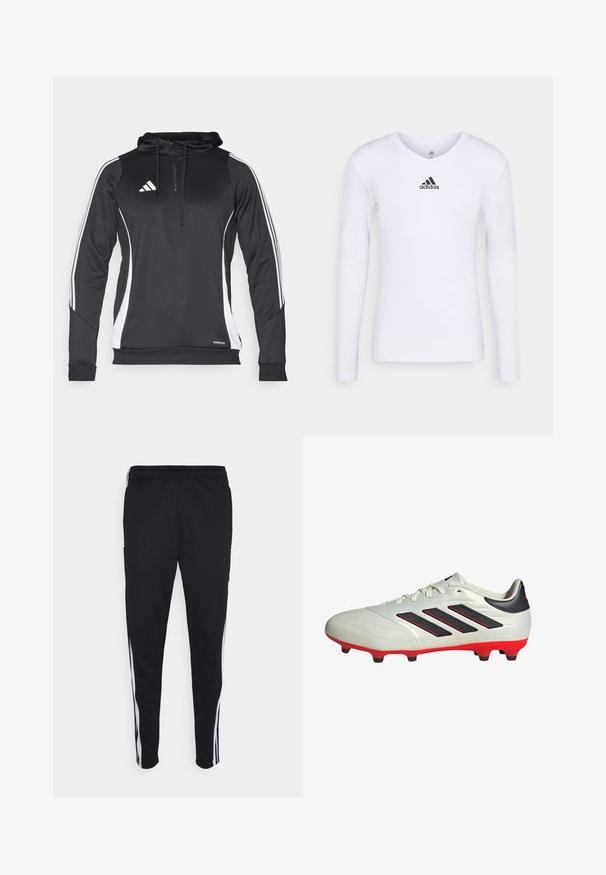 Sudadera atlética negra con acentos laterales blancos, con cuello con cremallera, mangas largas y logo de Adidas en el pecho. Hecha de tela ligera.; Camiseta deportiva de manga larga blanca, fabricada con material suave, que presenta un logo negro de Adidas en el pecho; diseño de cuello en V y forma ajustada.; Pantalones deportivos negros con un ajuste relajado, que cuentan con franjas laterales blancas, una cintura con cordón y dos bolsillos laterales. Hechos de tela suave.; Botas de fútbol blancas con acentos negros y suela roja. Presentan tres rayas negras en el lateral y una parte superior de textura suave.