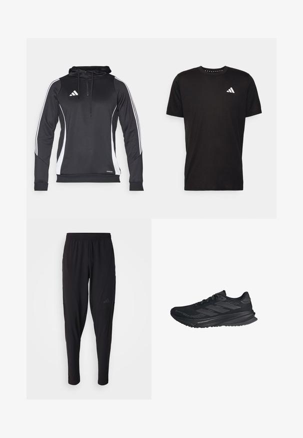 Mustmust mustreesidega valgete aktsentidega, varustatud lukk-krae, pikad varrukad ja Adidas logo rinnal. Valmistatud kergest kangast.; Must must ka t-särk lühikeste varrukatega, ümmarguse kaelusega ja valge logoga vasakul rinnal. Sile tekstuur ja lihtne disain.; Mustad mustat spordipüksid elastse vöökohtaga, kitseneva disaini, küljetaskute ja peene logodetailiga. Valmistatud paindlikust ja hingavast kangast.; Mustad mustad Adidas jooksujalats, millel on Gore-Tex ülemine osa, kolm triipu küljel ja "Dreamstrike" talla peal, vaadatuna välisküljelt.