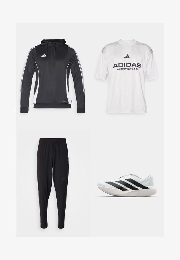 Svart gymhette med hvite sideakenter, med glidelås i kragen, lange ermer, og Adidas-logo på brystet. Laget av lett stoff.; adidas Sportswear TIRO TEE - T-shirts med print - grey one/black; Svarte treningsbukser med elastisk midje, smal design, sidelommer og subtil logo. Laget av fleksibelt, pustende stoff.; Lette løpesko i lys blå med svarte striper. Har en myk overdel, rund tå og tykk hvit mellomsole merket "LIGHTSTRIKE PRO."