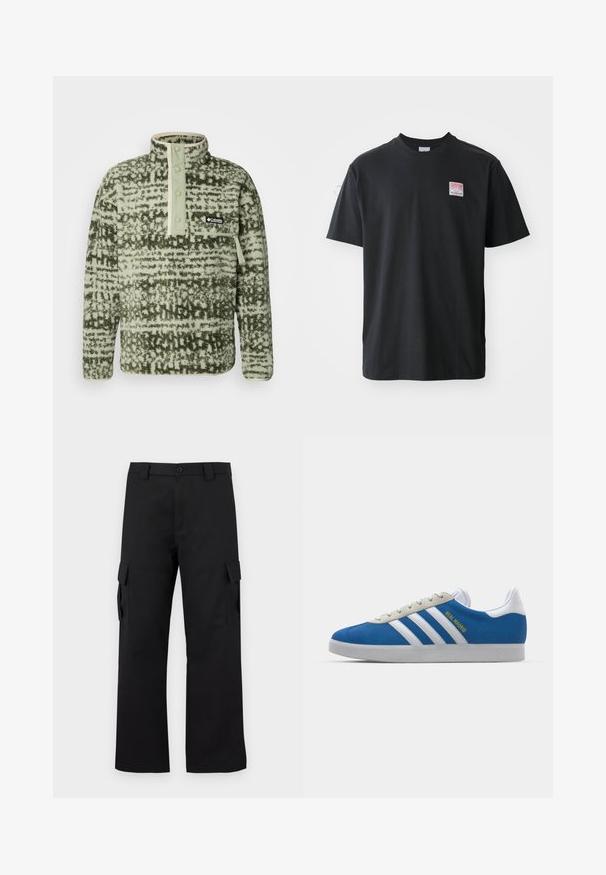 Columbia HELVETIA - Fleecetröja - greenscape; Svart bomullströja med rund halsringning, korta ärmar och en liten färgad etikett på vänster bröst med ordet "SUPERIOR."; Svarta cargobyxor med rak bendesign. Tillverkade av slitstarkt tyg, med två sidofickor med klaffstängningar och knappgylf.; adidas Originals ADIDAS GAZELLE SHOES - Inomhusfotbollsskor - real madrid/bluebird/footwear white/crew yellow