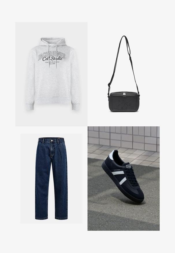 Pelēks kokvilnas džemperis ar kapuci, kas sasienas, ar ribotām aprocēm un priekšējo grafiku ar tekstu "JACK & JONES" un "Col. Studio".; Tumši zilie džinsu bikses ar taisna kāju dizainu. Iezīmējas redzamas šuves, pogu aizdare un priekšējie gurni papildu detaļām.; Melnā ādas sporta apavi ar baltām svītrām, teksturēta gumijas zole un auklu aizdare. Iekļauj zīmola etiķeti uz mēles.; Melna ādas soma uz pleca ar zīmolu, slēdzamu rāvējslēdzēju un regulējamu siksnu. Gluda tekstūra un taisnstūru forma.