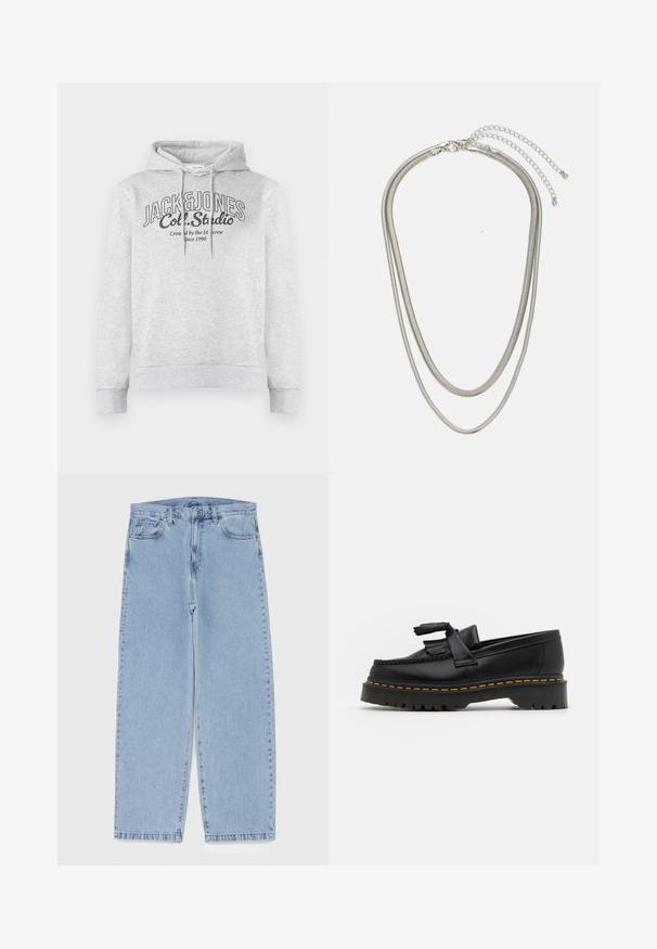Grå bomullhette med snøring i hetten, ribbestrikkede mansjetter, og et frontgrafikk med teksten "JACK & JONES" og "Col. Studio".; Lyseblå denimjeans med rett ben-design, med mid-rise liv, fem lommer og knap og lynlås lukning.; Svart skinn loafers med en kvastdetalj, med en tjock svart sula och gul sömnad längs kanten. Texturerad yta.; Tre-lags sølvmetallkjede med elegante, fleksible kjeder med en svak glans, sikret med en krabbe-lås og justerbar kjede.