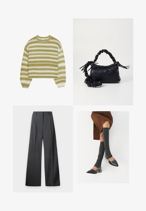 Even&Odd Strickpullover - multi-coloured; Weite Hosen aus dunkelgrauem Stoff, mit hoher Taille, einzelnen Falten und einer glatten Textur mit sauberen Abschlüssen an den Säumen.; Schwarze lacklederne spitze Schuhe mit Blockabsatz und Knöchelriemen, kombiniert mit grauen gerippten Beinstulpen und einem braunen Wildlederrock.; Schwarze Handtasche aus Kunstleder mit Krokodilstruktur, gerafftem oberen Teil und einem geschoppten Tragegurt. Sie wirkt weich und kompakt im Design.