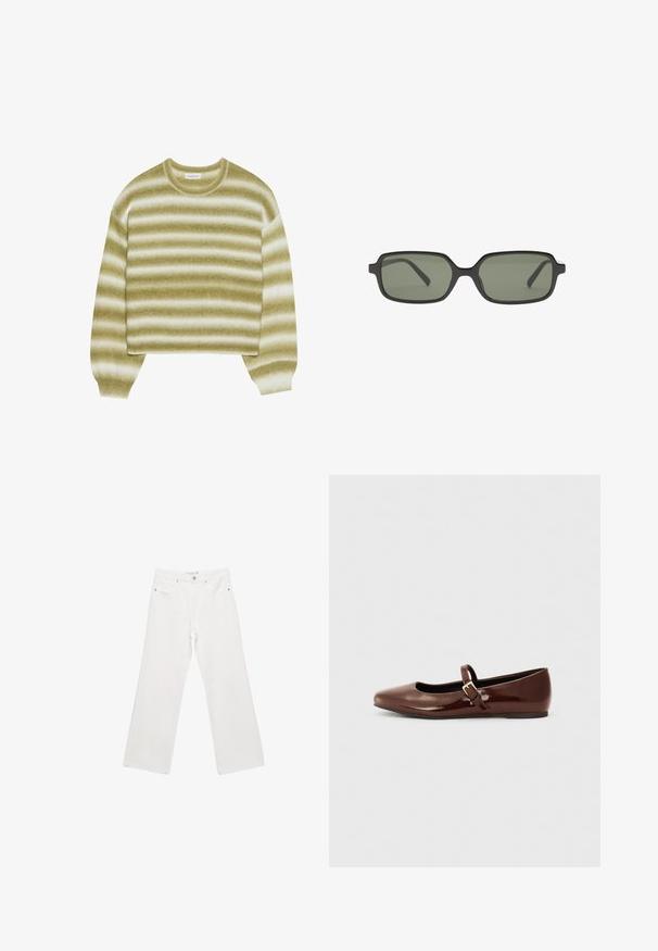 Even&Odd - Sweter; Białe dżinsowe spodnie o szerokich nogawkach z klasycznym pięciokomorowym wzorem, metalowymi elementami oraz kontrastowymi przeszyciami. Gładka faktura i luźny krój.; Brązowe lakierowane baletki z kwadratowym noskiem i paskiem z małą złotą klamrą. Gładka tekstura, niski obcas i minimalistyczny design.; Czarne prostokątne okulary przeciwsłoneczne z ciemnozielonymi szkłami, o płaskim designie, minimalistycznych bokach i lekkiej ramie zapewniającej komfort.; Czarna skórzana torebka z plecionymi uchwytami, kieszenią na zamek i zawieszkami. Teksturowana powierzchnia z metalowymi ćwiekami i akcentami ze stali.