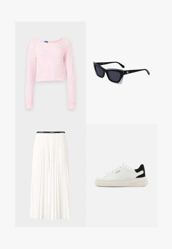 Valkoinen vaaleanpunainen lyhyeksi leikattu neulepaita, jossa on teksturoitu kudos, keskiössä suuri perhoskuvio ja ribbipitsi hihansuissa.; Hame valkoinen pliseerattu hame mustalla joustavalla vyötäröhihnalla, jossa on "LACOSTE"-logo. Puolipitkä malli pehmeällä tekstuurilla.; Valkoiset nahkakengät paksulla valkoisella pohjalla, mustalla mokkanahkaosuudella kannassa ja kohokuvioitu logo sivulla. Nauhakeskitys kuudella reiällä.; Mustat ylisuuret aurinkolasit, joissa on geometrinen muoto, tummat linssit ja kehykseen erottuva harmaa yksityiskohta. Logo varressa.