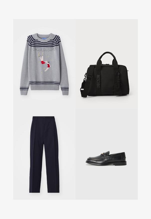 Siv pulover iz pletene tkanine z mornarsko modrimi črtami, ki vsebuje vezeno obliko cirkusa, rdeče obleke in rumene poudarke. Ima okroglo ovratnik in rebraste manšete.; Mornarsko modri, krojeni hlače s ravnim krojem, z gubami spredaj, zapiranjem na gumb in brez vidnih žepov. Gladka tekstura tkanine.; Črne usnjene loafersice imajo zaokrožen nosek, šivano detajliranje in majhen zlat akcent na sprednji strani. Podplat je raven in diskreten.; Črna tekstilna torba z dvema ročajema in snemljivim naramnim trakom. Ima izbočeno logo in usnjeno oznako. Gladka tekstura, pravokotna oblika.