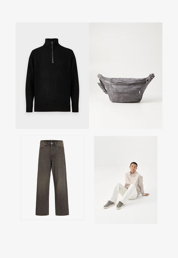 Sort strikpullover med højt krave, der har en halvlukning med lynlås. Ribbet manchetter og kant, glat tekstur, minimalistisk design.; Bredde ben jeans i mørkegrå denim med høj talje, klassisk fem-lommer design og kontrasterende syninger langs sømmene.; Beige skjorte med knapper, hvide bukser og grå sneakers. Skjorten har en løs pasform, og sneakersne har en struktureret overflade og snørebåndsdesign.; Grå suedefanny pack med en rund form, to lynlåslommer og justerbart strop. Har metalhardware detaljer.
