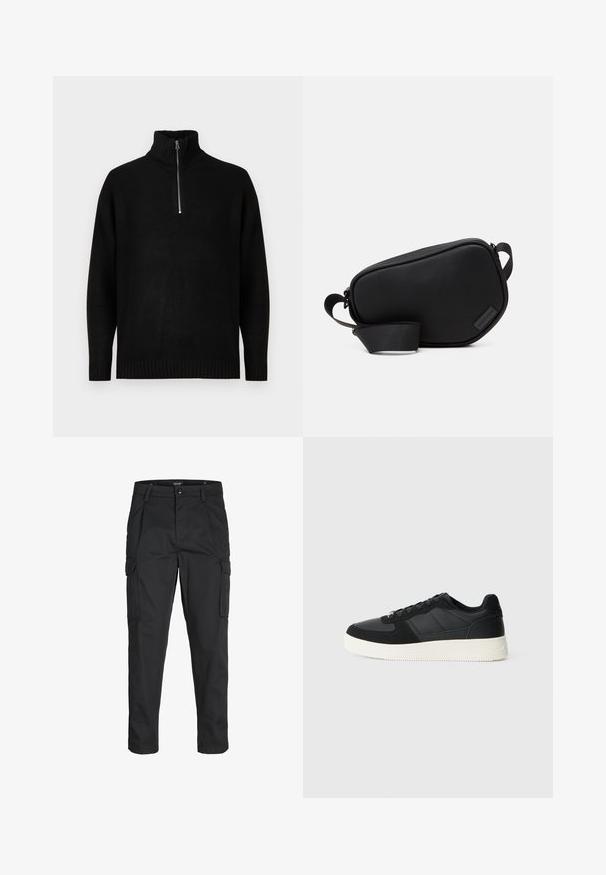 Sort strikpullover med højt krave, der har en halvlukning med lynlås. Ribbet manchetter og kant, glat tekstur, minimalistisk design.; Sorte cargo-bukser lavet af slidstærkt stof, der har flere lommer, en knaplukning og et slim fit design med smalle ben.; Sort lavt-top sneakers med tekstureret læder og ruskindspaneler, hvidgummi sål og sorte snørebånd på en ensfarvet lys baggrund.; Sort, lynlåset crossover-taske lavet af glat materiale, med flad form, enkelt rem og et lille logo-accents. Minimalistisk design.