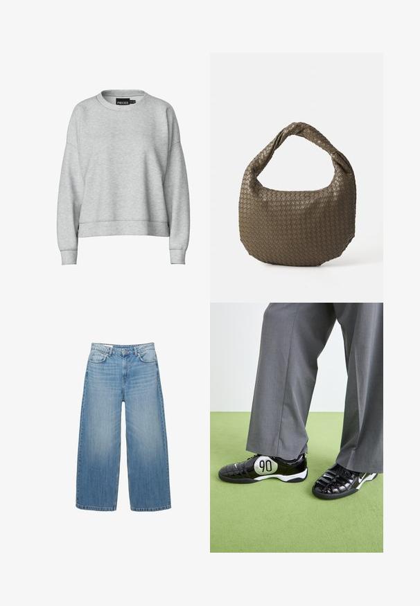 Sivi dukserica s okruglim izrezom i spuštenim ramenima. Izrađena od mekog materijala, sadrži kroj u obliku cropa i rebraste manžete. Jednostavna oznaka na ovratniku.; Svijetloplavi košulja dugih rukava s okovratnikom na dugmad, jednim džepom na prsima i opuštenim krojem. Glatka tekstura tkanine i klasičan dizajn.; Svijetloplave široke traperice izrađene od denima, s klasičnim dizajnom pet džepova i zatvaranjem na gumb. Ispucala textura cijelim površinom.; Crne patike od patentirane kože s srebrnim detaljem "90", koje imaju teksturiranu površinu i vezivanje na vezice, u kombinaciji sa širokim sivoj hlačama.; Tkana torbica maslinaste boje za ruke s zaobljenim oblikom i uvrnutom ručkom. Teksturirana površina s dijagonalnim uzorkom. Zatvaranje na patentni zatvarač.