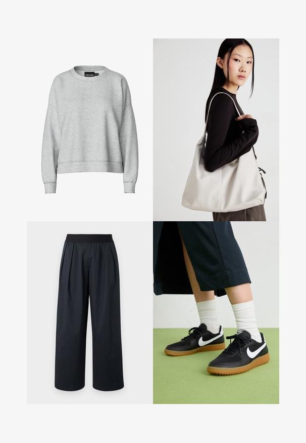 Pelēks džemperis ar apaļu kakla izgriezumu un noliktām plecu daļām. Izgatavots no mīkstas auduma, tam ir īsāks dizains un ribots piedurkņu gals. Vienkārša birka pie apkakles.; Melnas plaša piegriezuma bikses ar krokotu priekšpusi, elastīgu jostasvietu un gludu auduma faktūru. Tās ir brīva piegriezuma un ar saīsinātu garumu.; Melna āda un sintētiska materiāla sporta apavi ar baltu Nike logo, gumijas zole, apaļa purngala forma un melni šņores. Redzamas ribotas baltas zeķes.; Bežs rokassoma, izgatavota no mīksta materiāla, ar brīvu dizainu, izšūtu apdari un divām plecu siksnām. Piemērota ikdienas lietošanai.