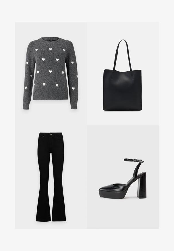 Pull en tricot gris avec un col rond, présentant des motifs de cœur blancs répartis uniformément sur le tissu. Manches longues avec des poignets côtelés.; Jean noir taille haute avec fermeture à bouton et à zip, poches avant et jambes évasées, posés à plat sur un fond blanc.; Escarpins noirs à plateforme avec un bout pointu et une sangle réglable à la cheville. Conçus en cuir lisse, avec un large talon bloc.; Sac fourre-tout en cuir noir avec une texture lisse, de forme rectangulaire et deux longues poignées. Pas de matériel ou d'ornementations visibles.