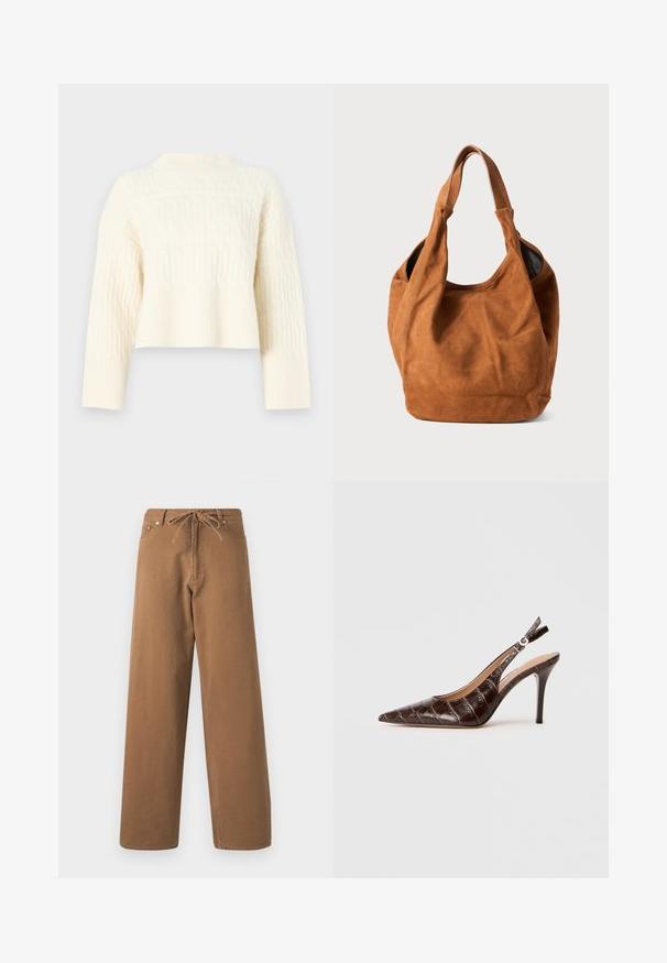 Crèmekleurige gecropte trui met een textuurpatroon, voorzien van een geribde onderkant en lange mouwen. Gemaakt van een zachte gebreide stof.; Paarse wijde broek gemaakt van katoen, met een verstelbare tailleband en twee voorzakken. Geweven stof met een gladde afwerking.; Bruine, krokodillen-embossed leren slingback pump met een puntige neus, open zijkanten en een dunne hoge hak. Ontworpen met een gespsluiting.; Bruine suède schoudertas met een zachte textuur, gebogen vorm en twee handvatten. Heeft een minimalistisch ontwerp zonder zichtbare hardware of accenten.