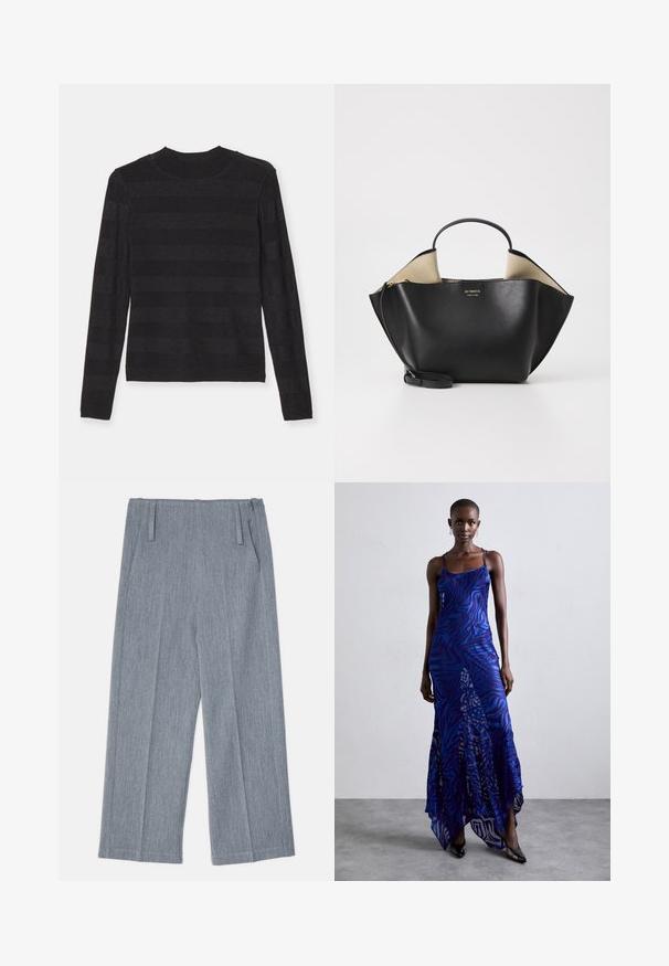 Melna garām piedurknēm svetku kārta, kas izceļas ar mīkstu, fakturētu apdari un maiņus matēotas un nedaudz spīdīgas horizontālas svītras. Augsta kakla izgriezums.; Gai pelēki, platā kāju bikses, kas izgatavotas no teksturēta auduma, ar diviem priekšējiem krokām un divām sānu kabatām. Tīrs, šūts dizains.; Zila un violeta dzīvnieku raksta maxi kleita ar plāniem plecu siksnām, pieguļošu augumu, izplestu apakšdaļu un caurspīdīgu dekoratīvo kārtu.; Ree Projects ANN TOTE MINI - Rokassoma - black