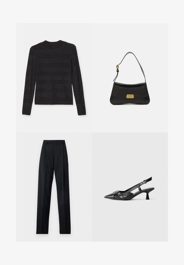 Sweater preto de mangas longas com um acabamento suave e texturizado, apresentando riscas horizontais alternadas mate e ligeiramente brilhantes. Gola alta.; Calças pretas feitas de um tecido suave, com uma cintura alta, pernas largas, pregas frontais e passadores de cinto clássicos. Não há bolsos laterais visíveis.; Sapato slingback em couro preto com biqueira fina, tiras decorativas com ilhós de metal e um pequeno salto quadrado. Superfície texturizada.; Mala de couro preta com um design curvado, placa em ouro com o logotipo como detalhe e uma alça de ombro fina. Textura suave com um acabamento elegante.