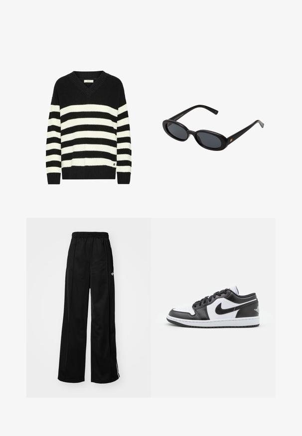 Fekete-fehér csíkos pulóver V-nyakkivágással, bordázott textúrával, hosszú ujjakkal és kis logó részlettel az alsó szegélynél. Kötött anyagból készült.; Fekete, bő szárú tréningnadrág, elasztikus derékkal, fehér oldalsávokkal és egy kis logóval a bal csípőn. Sima anyag textúrával.; Fekete-fehér Nike alacsony szárú sportcipők sima bőrből készültek, kerek orrúak, fűzős záródásúak, és mintás gumitalppal rendelkeznek.; Fekete, oversize napszemüveg ovális lencsékkel, sima műanyag kerettel és arany részletekkel a fülpánton. Sötét lencséi védelmet nyújtanak a napfény ellen.