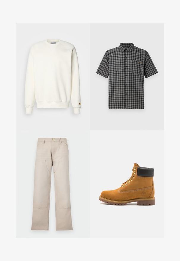 Carhartt WIP CHASE - Melegítőfelső - wax/gold; Fekete-fehér kockás rövidujjú ing, gombolható gallérral, elülső zsebbe és egy kis címkével a mellkasán.; Beige színű pamut nadrág egyenes szabással, két elülső zsebbel és két cipzáros díszítéssel. Arany színű fém részletek.; Barna velúr bokacipő fekete párnázott gallérral, arany fém fűzőlyukakkal, fehér varrási részletekkel és durva gumitalppal, amelynek kifejezett barázdái vannak.