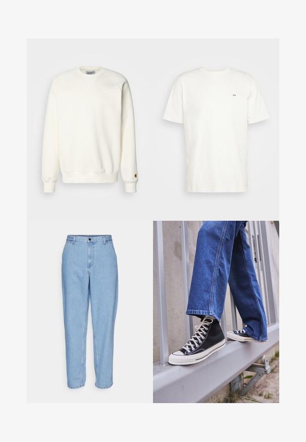 Carhartt WIP CHASE - Mikina - wax/gold; Biela bavlnená tričko s okrúhlym výstrihom, krátkymi rukávmi a malým čiernym logom "W.W." na ľavej hrudi. Hladká textúra, bežný strih.; Svetlomodré džínsy s voľným strihom, vysokým pásom a rovnými nohavicami. Obsahujú predné vrecká a uzáver na kovový gombík.; Čierne vysoké tenisky s bielou podrážkou a šnúrkami, kombinované so voľnými modrými riflami, položené na sivej zábradlí.