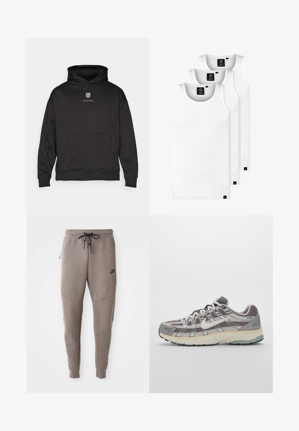 Black hooded sweatshirt made of soft fabric. Features a front pocket, ribbed cuffs, and a small logo and text on the chest in white.; Three white ribbed tank tops made of cotton. Features a crew neck and small black labels near the hem. Available in multiple sizes.; Gray Nike sweatpants with a drawstring waistband, tapered legs, side pockets, and distinct seam detailing. Soft, textured fabric.; Gray athletic shoe featuring a mesh and suede upper, white accents, a cushioned sole, and a distinctive design with reflective elements.