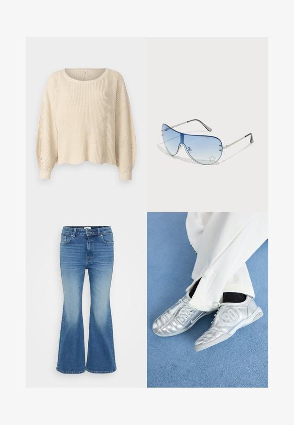Beige kötött pulóver kerek nyakkivágással, süllyesztett vállakkal és bordás mandzsettával. Az anyag vastag, laza és rövidített fazonnal rendelkezik.; Kibővített kék farmernadrág közepes derékkal, öt zsebbel és elhalványodott részletekkel, tartós pamutanyagból készült.; Ezüst sportcipők sima, fényes felülettel, varrott mintázattal és a 90-es számmal az oldalán, fehér nadrággal párosítva.; Pilóta napszemüveg, melynek áttetsző kék lencséje, ezüst fém kerete és díszes csillag díszítések találhatók a lencsén. Simogató és elegáns dizájn.