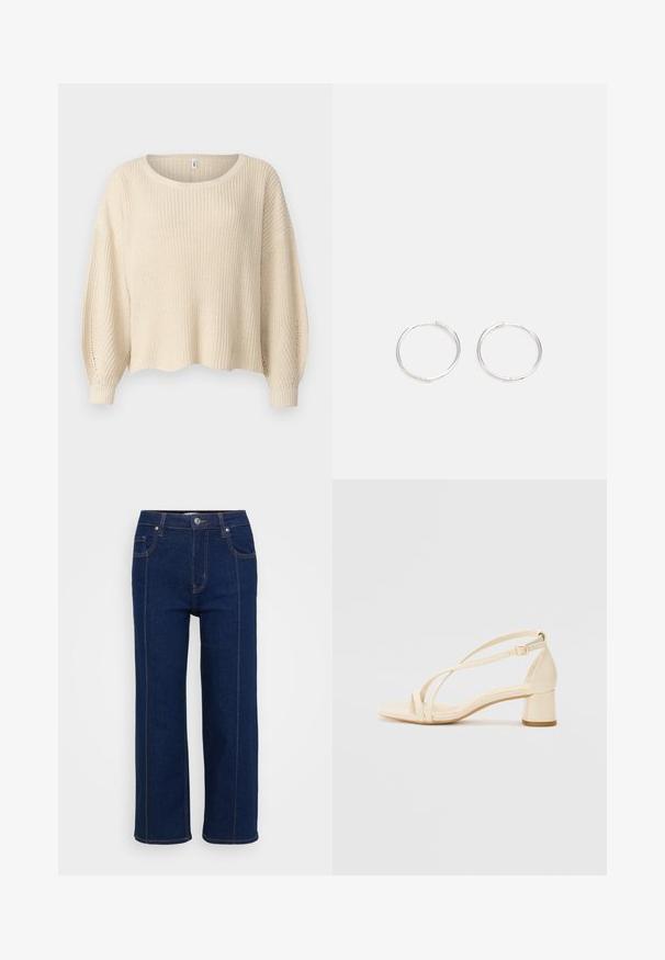 Bež pleteni pulover z okroglim izrezom, spuščeni rameni in rebrastimi manšetami. Tekstura je robustna z ohlapnim, skrajšanim krojem.; Temno modri ravni jeans z gumbnico, sprednjima in zadnjima žepoma ter vidno oranžnim šivom ob šivih.; Beige sandale s peto na blok, z zapletenim dizajnom in prilagodljivim gležnjenjcem, izdelane iz gladkega sintetičnega materiala z mat površino.; Srebrne kroglice z elegantnim, okroglim oblikovanjem, z gladko površino in brez vidnih okrasnih elementov. Premer ni določen.