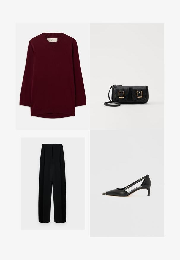 Burgundi spalvos V formos megztinis, pagamintas iš minkštos medžiagos, turi ilgas rankoves ir ribotas mezgimo apdailas kaklo linijoje bei apatinėje dalyje, su apvaliu apatine dalimi.; Juodos plačios kelnės su aukštu liemeniu, su klostėmis ir glotnia tekstūra. Medžiaga atrodo lengva ir dailiai krenta.; Juodos odos bateliai su žemu kulniuku, smailiu sidabro spalvos pirštinės gaubtu ir dvigubais dirželiais, ant balto fono.; Juodas odinis per petį nešiojamas krepšys su dviem priekiniais kišenėmis, auksiniais sagtimis, užtrauktuko uždarymu ir siauromis petnešomis. Textūruota paviršius ir kompaktiškas stačiakampis formatas.