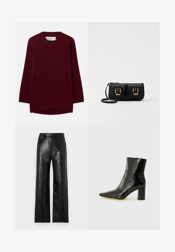 Burgundi V nyakú pulóver, puha anyagból készült, hosszú ujjakkal és bordázott kötött díszítéssel a nyaknál és az alján, lekerekített aljjal.; Fekete bőrből készült, széles szárú nadrág fényes felülettel, elöl zsebekkel, cipzáras sliccel és gombos rögzítéssel. Végig sima textúrájú.; Fekete bokacsizma fényes bőrből, hegyes orral és tömör, négyzet alakú sarokkal. Simácska textúrával és minimalista dizájnnal rendelkezik.; Fekete bőr keresztbody táska két elülső zsebbel, arany csattokkal, cipzáras záródással és vékony pánttal. Textúrált felület és kompakt téglalap alak.