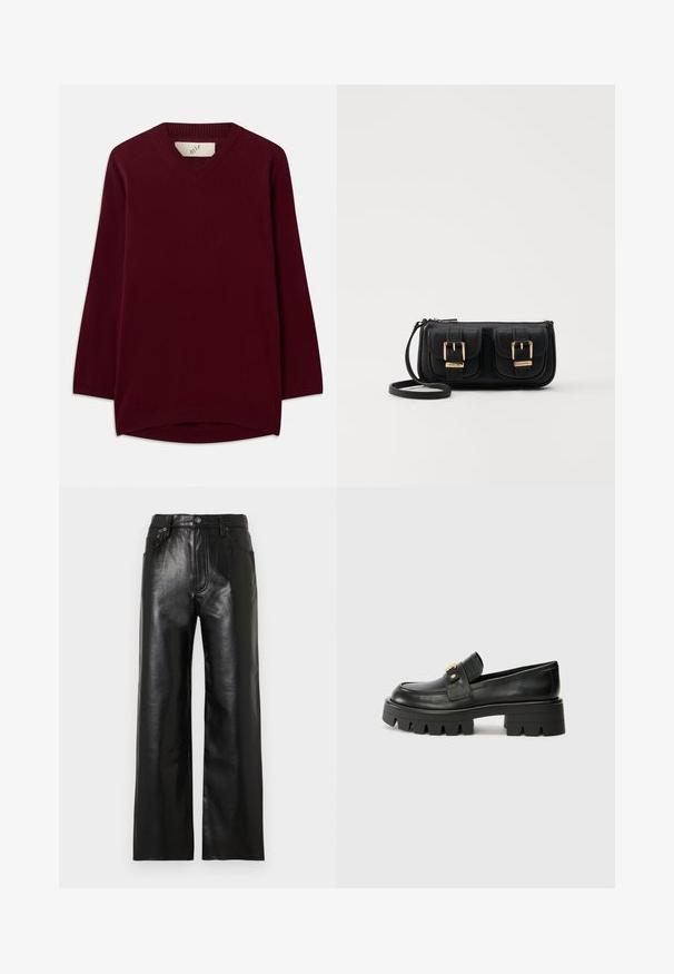 Burgundska pulover s V-izrezom, narejena iz mehkega materiala, ima dolge rokave in ribje pletene obrobe na izrezu in robu, z zaobljenim dnom.; Široke hlače iz črnega usnja z bleščečim zaključkom, ki imajo sprednje žepe, zadrgo na sprednji strani in zapiranje na gumb. Povsod gladka tekstura.; Črne usnjene loaferje z debelim podplatom, ki imajo zlatoten naglas na sprednji strani in gladko površino. Debela oblika profila na podplatu.; Črna usnjena torbica čez ramo z dvema sprednjima žepoma, zlatimi zaponkami, zadrgo in ozkim pasom. Tekstura površine je strukturirana, obliko pa ima kompaktno pravokotno.