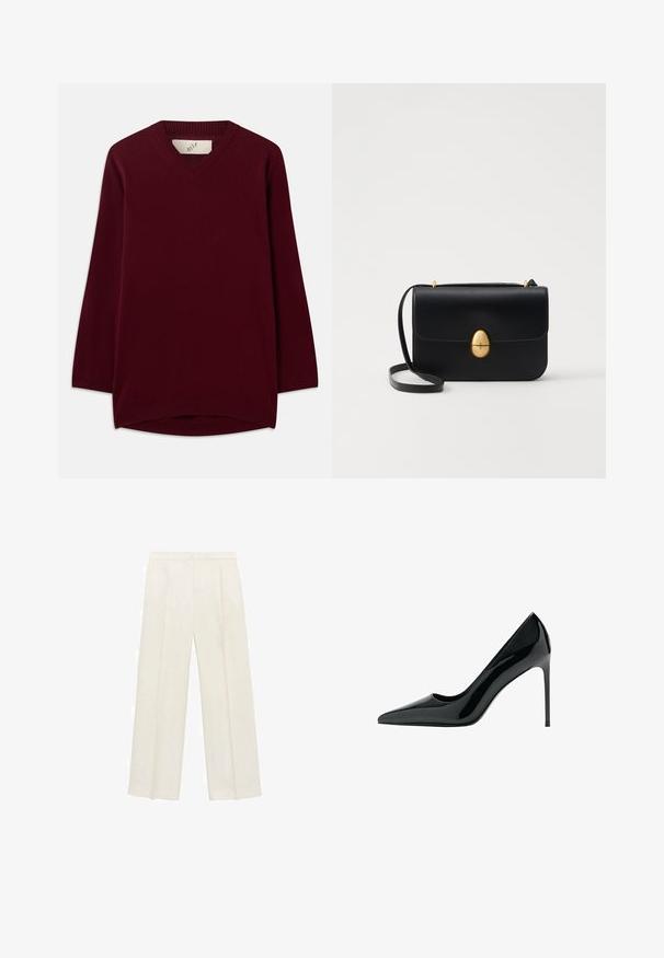 Pulover bordeaux cu decolteu în V, realizat dintr-un material moale, dispune de mâneci lungi și margini tricotate ribbed la guler și tiv, având un fund rotunjit.; Pantaloni cu picioare largi, de culoare crem deschis. Realizați dintr-un material neted, cu plisuri în față și buzunare laterale.; Pantofii cu toc stiletto din piele patent neagră au vârful ascuțit și o textură netedă, lucioasă; toc înalt și subțire; design minimalist.; Geantă de mână din piele neagră, cu o formă rectangulară structurată. Are un capac oval auriu și o curea subțire pentru umăr. Textură netedă.