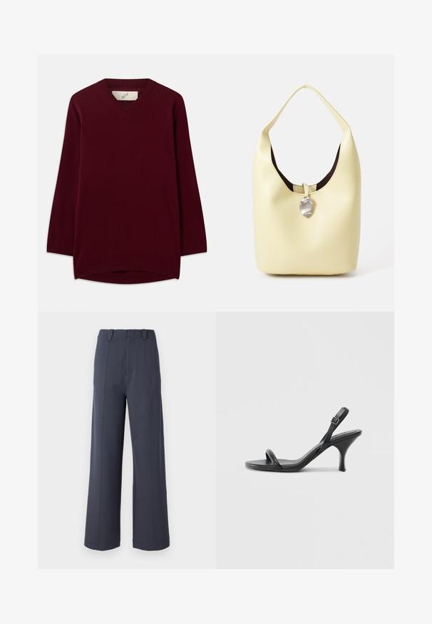 Sweater bordeaux com decote em V, feito de um tecido macio, apresenta mangas longas e remate de malha canelada na gola e na barra, com um fundo arredondado.; Calças de perna larga em tecido cinza escuro. As características incluem uma cintura alta, pregas frontais e uma textura suave com passantes para cinto.; Sandálias de salto alto em couro preto com um salto curvado e fino e um design de tiras cruzadas. Correia ajustável no tornozelo. Textura suave.; Saco hobo em pele amarela suave com uma forma arredondada. Apresenta um acabamento liso, forro interior escuro e um destaque em tom prateado na fecho.