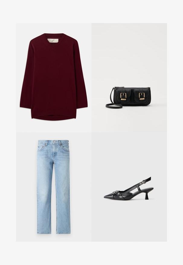 Burgundi V-kaelusega soe, pehmest kangast, pikkade varrukatega, millel on ribadeta koo kaeluse ja ääre ääres ning ümar põhi.; Heledad sinine denim püksid sirge lõikega, viie taskuga, nupuga ja lukuga kinnitamine ning kergelt kulunud viimistlus.; Must must have must toote tõmblukuga, dekoratiivsed rihmad metallist silmadega ja madal blokk-kand. Tekstureeritud pind.; Must küllastamata nahast õlakott, millel on kaks esist nähtavat taskut, kuldsed pandlad, tõmblukuga sulgemine ja peen rihm. Tekstuuriga pind ja kompaktne ristkülikukujuline kuju.