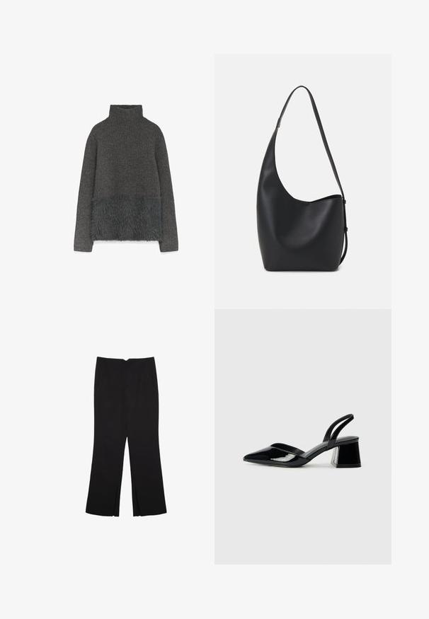 Grauer gestrickter Pullover mit Stehkragen, der am Saum ein weiches Kunstfellpaneel hat. Die Texturen kontrastieren zwischen gerippten und glatten Oberflächen.; Schwarze Hose mit geradem Schnitt, ausgestattet mit Fronttaschen und Seitenschlitzen am Saum. Hergestellt aus weichem, glattem Stoff. Geeignet für verschiedene Anlässe.; Schwarze Lackleder-Slingback-High Heels mit spitzem Schuh und einem geometrischen Blockabsatz. Verfügt über ein schlankes, minimalistisches Design und eine glatte Textur.; Schwarze Leder-Hobo-Tasche mit einer glatten Textur, geschwungener Form und einem einzelnen verstellbaren Tragegurt; verfügt über eine weite Öffnung am oberen Ende.