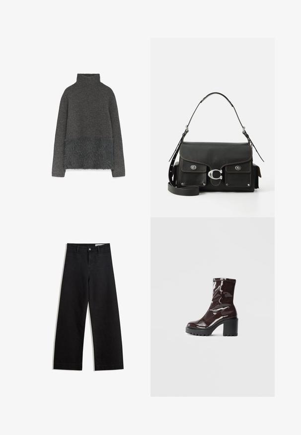 Maglione grigio lavorato a maglia con collo alto, caratterizzato da un morbido pannello in finta pelliccia all'orlo. Il texture contrasta tra finiture a coste e lisce.; Pantaloni in denim neri a gamba larga con vita alta, dotati di tasche anteriori e posteriori, cuciture a punto, e chiusura con bottone. Texture liscia.; Stivale alla caviglia bordeaux lucido con un tacco spesso nero, caratterizzato da una superficie liscia e un design semplice. Nessuna chiusura visibile o motivo.; Borsa a tracolla in pelle nera con chiusura a patta, hardware silver, due tasche frontalmente, cuciture a contrasto e tracolla staccabile.