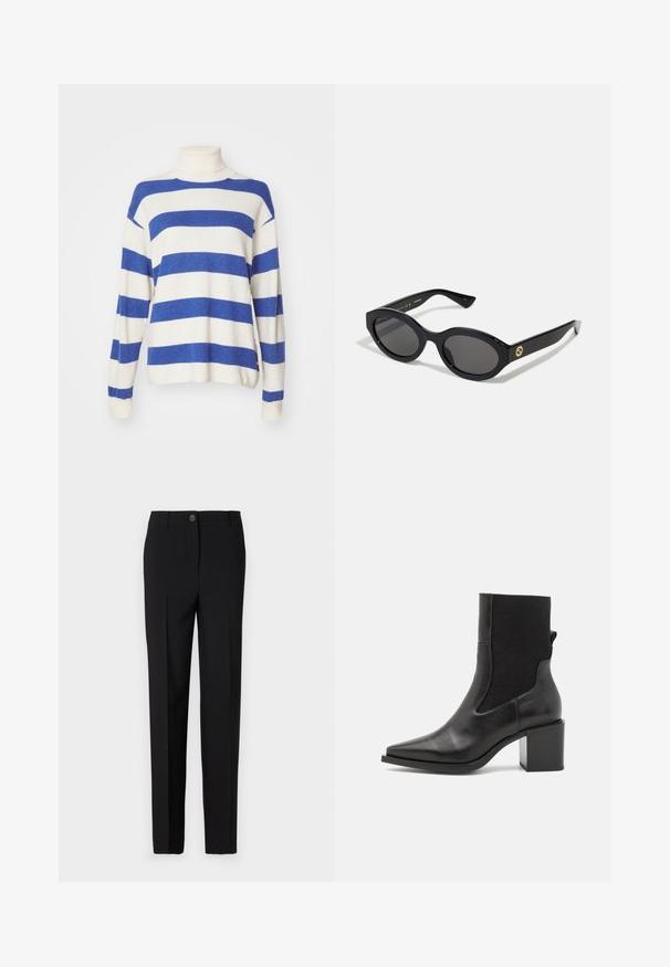 Pruhovaný svetr s vysokým límcem, se střídajícími širokými modrými a krémovými pruhy, pletená textura a volné rukávy.; Černé přizpůsobené kalhoty se střihovým designem s rovnými nohavicemi, s knoflíkovým zapínáním a poutky na opasek, vyrobené z hladké látky.; Černé kotníkové boty s špičatou špičkou, vyrobené z hladké kůže a elastické tkaniny. Mají blokový podpatek a minimalistický design.; Černé oválné sluneční brýle s tmavými skly a lesklým plastovým rámem. Obsahují zlaté logo na straně, které poskytuje elegantní a moderní design.; Modrá vzorovaná taška vyrobená z látky, s oblým tvarem, černým koženým popruhem a logem v světlejším odstínu.