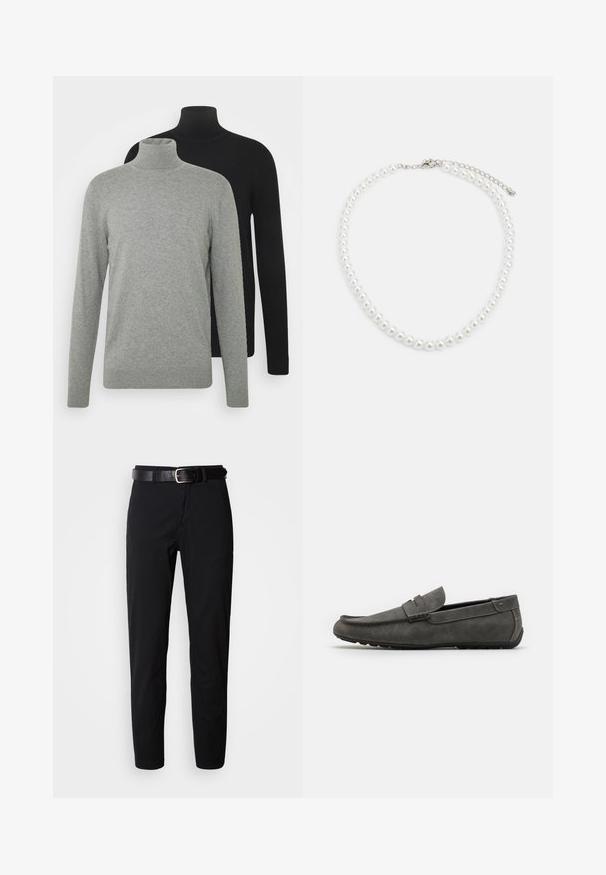 Dois suéteres de gola alta: um cinza e um preto, ambos feitos de um tecido suave com mangas longas e punhos e bainhas canelados.; Calças pretas de corte reto, com uma textura suave e um cinto de couro preto com fivela prateada. Design simples, sem padrões ou acentos.; Mocassim em camurça cinza com ponta arredondada, detalhes costurados e sola de borracha plana. O sapato apresenta uma textura lisa e uma faixa destacada na parte frontal.; Colar de pérolas brancas com forma redonda uniforme, superfície lisa e fecho metálico com corrente de extensão para ajuste de comprimento.; Colar de pérolas brancas com forma redonda uniforme, superfície lisa e fecho metálico com corrente de extensão para ajuste de comprimento.