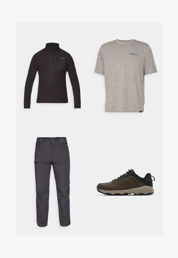 Melna vilnas džemperis ar augstu apkakli, pusceļa rāvējslēdzēju priekšpusē un kabatu ar rāvējslēdzēju krūtīs. Iezīmē teksturētu rakstu un garas piedurknes.; Pelēka īsām piedurknēm kreks, kas izgatavots no mīkstas teksturētas auduma, ar mazu zilu Patagonia logotipu kreisajā krūtī. Bez papildu rakstiem.; Tumši pelēki bikses, kas izgatavotas no izturīgas auduma, ar rāvējslēdzēja kabatu, taisnu piegriezumu un jostu cilpām, lai pielāgotu fit.; Brūni ūdensnecaurlaidīgi sporta apavi ar teksturētu virsu, perforētiem akcentiem, melnu papēža atbalstu un pelēku gumijas zoli. Šņores veidotas ar metāliskiem galiem.