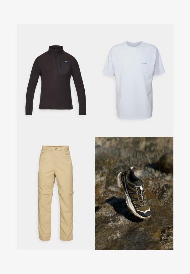 Černý fleecový pulovr s vysokým límcem, předním zipem do poloviny a kapsou na zip na hrudi. Má texturovaný vzor a dlouhé rukávy.; Bílá bavlněná tričko s krátkými rukávy, kulatým výstřihem a kapsou na levé straně hrudi, která má modré logo "Patagonia". Klasický střih s hladkou strukturou.; Béžové kalhoty se zipem, hladkého povrchu, s dvěma bočními kapsami, knoflíkovým zapínáním a ohrnovacími manžetami pro všestranné použití.; Trekové boty v olivově zelené a černé barvě s růžovými detaily. Mají texturovaný svršek, flexibilní podrážku, vyztuženou špičku a barevný systém šněrování.