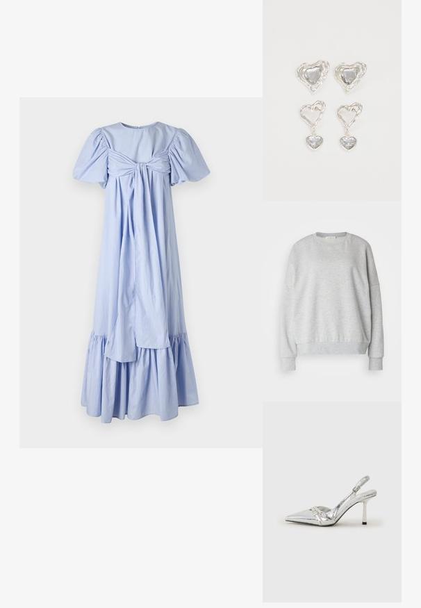 Sweatshirt cinza claro feito de tecido macio, com decote redondo, ombros caídos e punhos e bainha canelados para um ajuste confortável.; Vestido de algodão azul claro com mangas bufantes, detalhes de laço nas costas e uma bainha em camadas com volantes. Apresenta uma textura suave e um corte relaxado.; Sapato de salto alto slingback prateado com bico fino, acabamento metálico, duas correias decorativas e um salto esbelto com ponta preta.; Bolsa metálica prateada com uma forma estruturada, apresentando uma alça superior e um detalhe de laço na frente. Textura suave, acabamento reflexivo.; Os brincos em forma de coração prateados apresentam pedras claras facetadas, com uma moldura texturizada. O conjunto inclui estilos de botão e de gota.