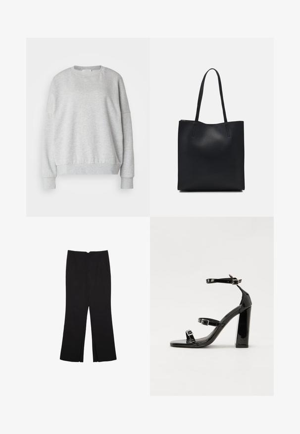 Felpa grigia chiara realizzata in tessuto morbido, con scollatura rotonda, spalle basse e polsini e orlo a coste per una vestibilità rilassata.; Pantaloni neri a gamba dritta, con tasche frontali e spacchi laterali all'orlo. Realizzati in tessuto morbido e liscio. Adatti a diverse occasioni.; Sandali con tacco in vernice nera, con punta squadrata, cinturini alla caviglia e fibbie in argento. Presentano un tacco a blocco spesso per maggiore stabilità.; Borsa tote in pelle nera con texture liscia, forma rettangolare e due manici lunghi. Nessun hardware o decorazione visibile.