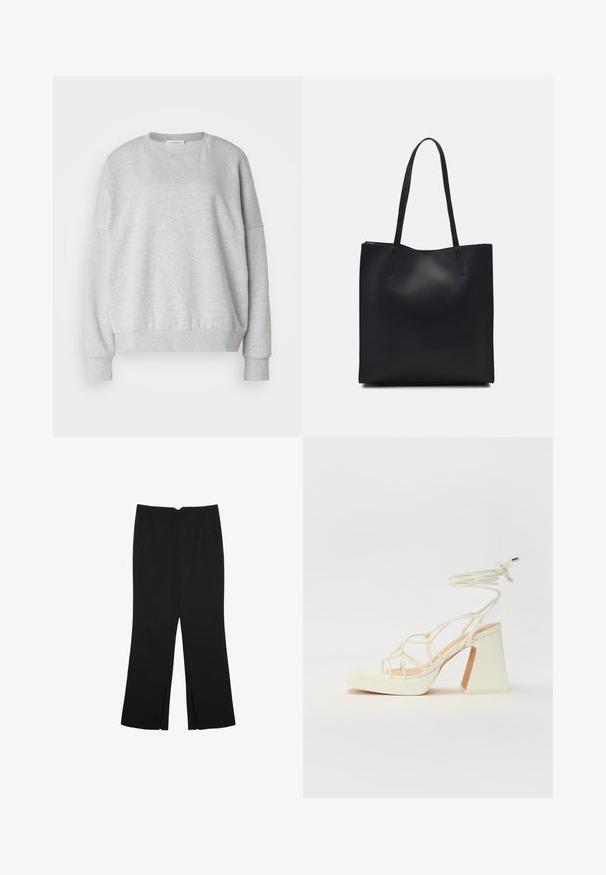 Felpa grigia chiara realizzata in tessuto morbido, con scollatura rotonda, spalle basse e polsini e orlo a coste per una vestibilità rilassata.; Pantaloni neri a gamba dritta, con tasche frontali e spacchi laterali all'orlo. Realizzati in tessuto morbido e liscio. Adatti a diverse occasioni.; Sandalo bianco con tacco alto, caratterizzato da un design a cinturini e un legaccio alla caviglia. Texture liscia con una piattaforma frontale per un'altezza aggiuntiva.; Borsa tote in pelle nera con texture liscia, forma rettangolare e due manici lunghi. Nessun hardware o decorazione visibile.