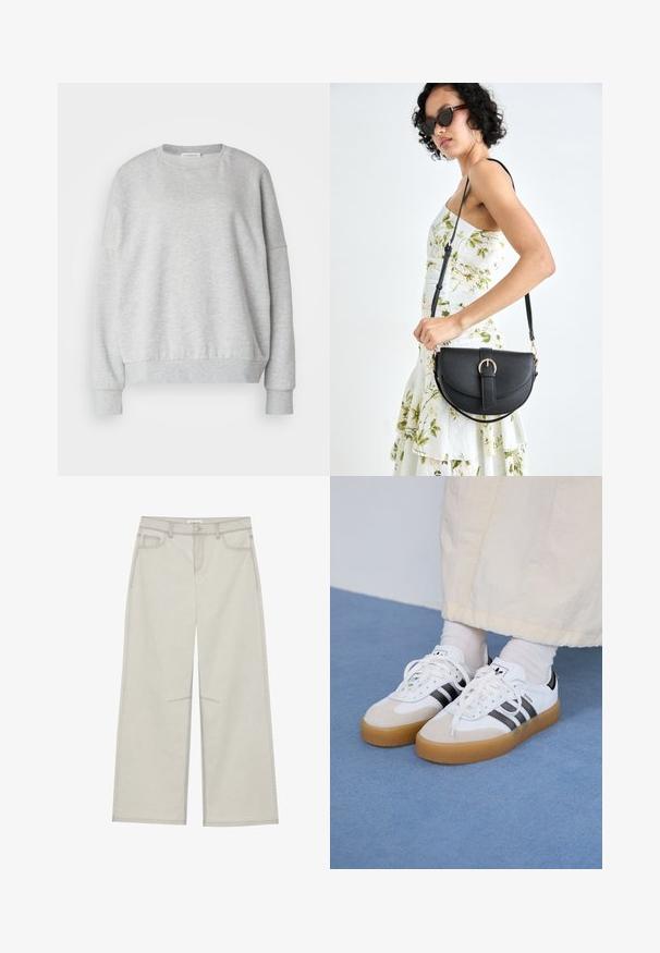 Sweatshirt cinza claro feito de tecido macio, com decote redondo, ombros caídos e punhos e bainha canelados para um ajuste confortável.; Calças largas de um cinza claro com cinco bolsos, fecho frontal com botão e costuras em contraste ao longo das emendas. O tecido parece suave e durável.; Ténis brancos com riscas pretas e detalhes em camurça bege. Apresentam uma sola de borracha texturizada e atacadores brancos lisos, usados com meias de tom claro.; Bolsa de couro preta com forma curva, alça destacável e detalhes em dourado. A bolsa possui uma aba com detalhe de fivela.