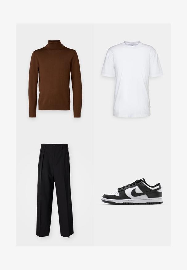 JOOP! DONTE - Maglione - rust/copper; T-shirt bianco in cotone con collo rotondo, maniche corte e orlo dritto. Presenta un piccolo etichetta del marchio sul lato sinistro.; Pantaloni neri a pieghe con un design dritto e gamba larga. Realizzati in tessuto morbido, con chiusura a bottone e passanti per cintura.; Sneakers Nike Dunk in bianco e nero con tomaia in pelle, punta perforata, lacci neri e suola in gomma nera con design della tacco.