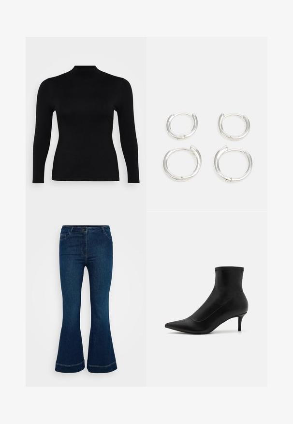 Črn dolg rokav turtleneck vrhnji del, izdelan iz mehkega in gladkega materiala. Ozek kroj z visokim ovratnikom in ravnim robom, s minimalnimi šivi in brez vzorcev.; Temno modri izšiti kavbojke iz denima, ki imajo pet žepov, gumbasto zaklopko in kontrastne šive na robu.; Črne gležnjarje iz gladkega usnja s koničastim nosom in kratko, tanko peto. Imajo brezšiven dizajn in subtilne šive.; Srebrne obročaste uhane z gladko, polirano površino. Dva para z rahlo različnimi velikostmi. Preprost, krožen oblikovanje, lahki.