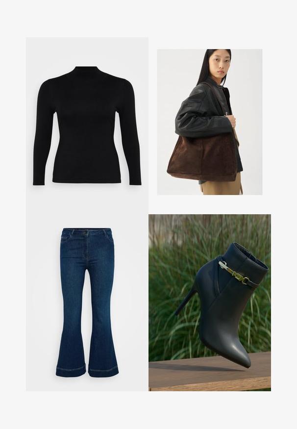 Svart långärmad polotröja i mjukt, slätt tyg. Slimmad passform med hög krage och rak nederkant, med minimala sömmar och utan mönster.; Mörkblå utsvängda jeans i denim, med fem fickor, knappstängning och kontrasterande sömnad vid nederkanten.; Svart högklackad ankelstövel med spetsig tå och guldspänne, visad på en träyta med grön växtlighet i bakgrunden.; Brun bälte av mocka med en bred form och mjuk textur, som har ett enda handtag och minimal hårdvara mot en neutral bakgrund.