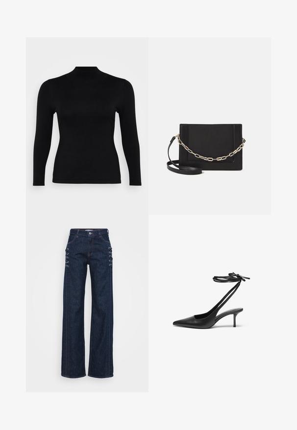 Fekete, hosszú ujjú, garbós blúz puha, sima anyagból. Karcsú szabású, magas nyakú és egyenes aljjal rendelkezik, minimális varrásokkal és minták nélkül.; Sötétkék farmer széles szárú nadrág, oldalán fűzős díszítéssel, kontrasztos narancssárga varrással és klasszikus öt zsebes kialakítással.; Fekete bőrszárú stiletto cipő hegyes orral, nyitott hátsó résszel és masnira köthető bokapántokkal. Karcsú, 3 hüvelykes sarok. Simább textúrájú, minimalista dizájn.; Fekete bőr keresztpántos táska, sima textúrával, téglalap alakú és fém lánc részlettel az elején. Állítható pánttal ellátva.