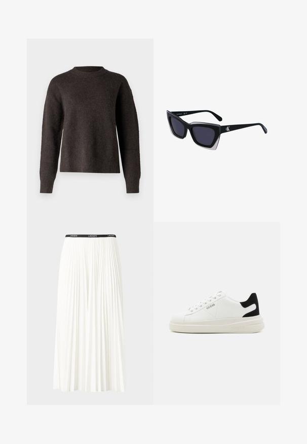 Samsøe Samsøe ANOUR brązowy; Plisowana biała spódnica z czarnym elastycznym pasem z logo "LACOSTE". Średniej długości, o miękkiej teksturze.; Białe skórzane sneakersy z grubą białą podeszwą, czarnym zamszowym akcentem na pięcie oraz wytłoczonym logotypem z boku. Projekt z sznurówkami i sześcioma dziurkami.; Czarne, oversize okulary przeciwsłoneczne o geometrycznym kształcie, z ciemnymi soczewkami i kontrastującym szarym detalem na oprawie. Logo na ramieniu.