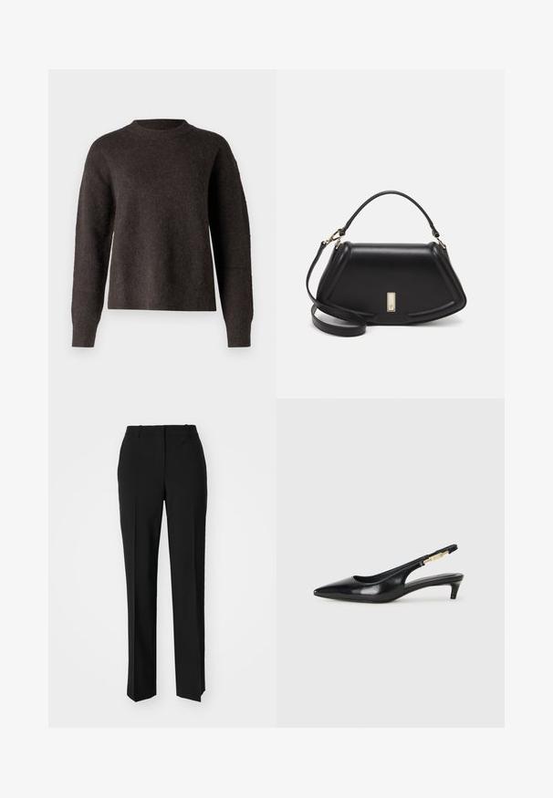 Samsøe Samsøe ANOUR - Pulóver - chocolate torte; Fekete, testhezálló nadrág egyenes szárú kivitelben, sima textúrával és éles redőkkel az elején. Nincs látható fémalkatrész.; Fekete bőr slingback magassarkúk, hegyes orral, vékony sarkakkal és arany színű részlettel a állítható pánton. Simа felület.; Fekete bőr kézitáska, strukturált dizájnnal, rövidített formával, felső fogantyúval és arany színű kiegészítőkkel. Állítható vállpánt is tartozik hozzá.