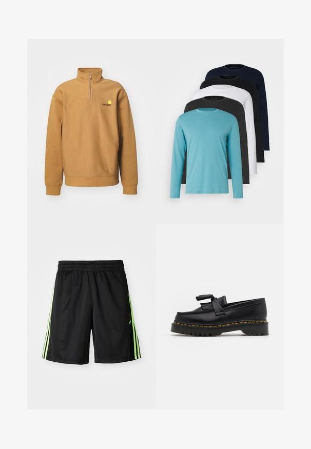 Bluza typu pulower z materiału polarowego w kolorze beżowym; posiada pół-zamek, ściągacze na rękawach oraz kontrastowe logo na piersi.; Pięć koszulek z długim rękawem w rzędzie: turkusowa, czarna, biała, ciemnoszara i granatowa. Miękka tkanina, okrągły dekolt i standardowy krój.; Czarne spodenki sportowe z elastycznym pasem, z dwoma pionowymi neonowymi zielonymi paskami po obu stronach oraz małym logo po lewej stronie z przodu.; Czarny skórzany mokasyn z frędzelkowymi akcentami, z masywną czarną podeszwą i żółtym przeszyciem wzdłuż krawędzi. Teksturowane wykończenie.