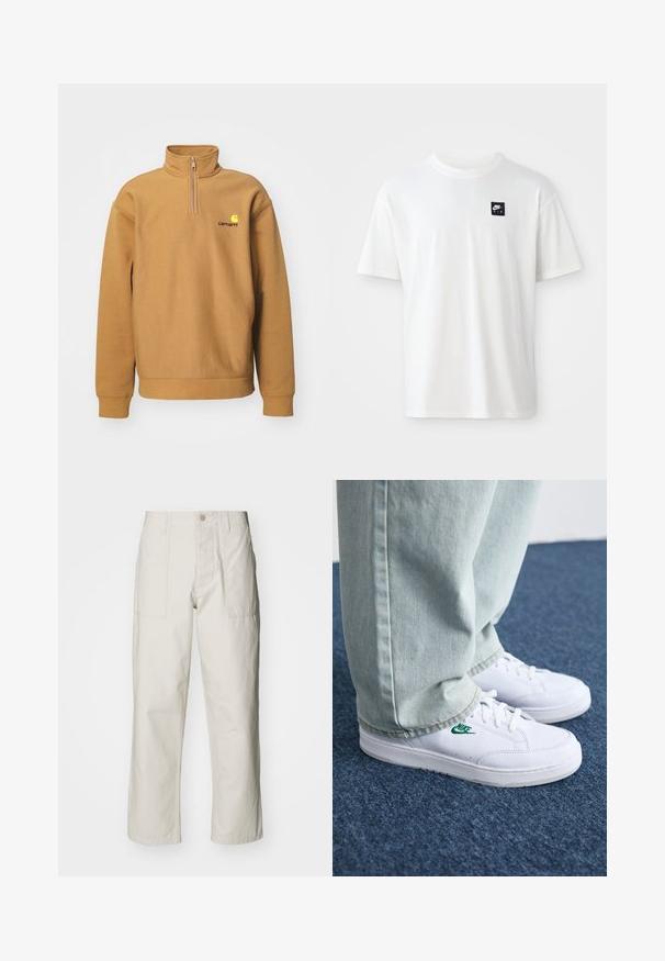 Sweatshirt en polaire beige ; avec un col zippé sur la moitié, des poignets côtelés et un logo contrastant sur la poitrine.; T-shirt en coton blanc à manches courtes et col rond ; présente un petit logo rectangulaire noir Nike Air sur la poitrine gauche.; Pantalons larges beige clair en coton. Dotés de poches avant et d'une fermeture à bouton. Texture lisse avec de légères lignes verticales.; Baskets en cuir blanc avec logo Nike vert, bout rond, semelle plate, associées à un pantalon en denim bleu clair, présentées sur un tapis bleu.