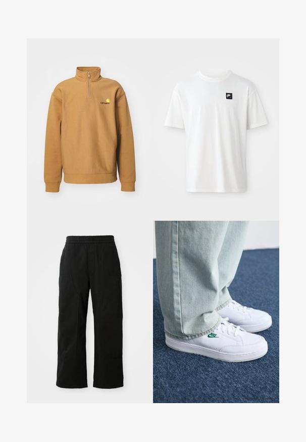 Sweatshirt i tan fleece-material; har en halvdragkedja, ribbad mudd och en kontrasterande logotyp på bröstet.; Vit bomulls t-shirt med kort ärm och rundad halsringning; har en liten svart rektangulär Nike Air-logotyp på vänster bröst.; Svarta bomullsbukser med elastisk midjeband, bred ben-design och stora sidofickor. Tyget verkar mjukt med en slät textur.; Vita lädersneakers med grön Nike-logga, rund tå, platt sula, kombinerade med ljusblå denimbyxor, visade på en blå matta.